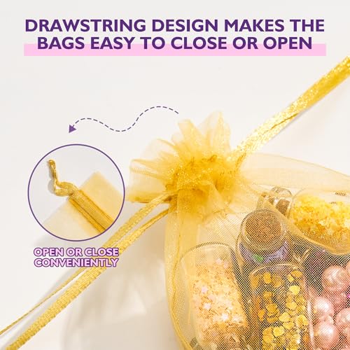 Image of PACKINNO 100pcs Gold Organza Bags, Sheer Organza Bags 4x6 Inch, Small Mesh Bag, Drawstring Gift Bags for Party, Jewelry, Candy, Christmas, Festival, Bathroom Soaps, Makeup