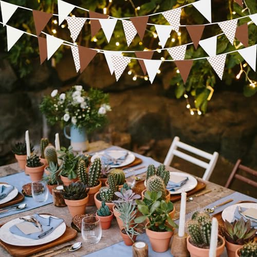 Image of Zwiebeco 39Ft Brown White Dot Fabric Bunting Banner Triangle Flags Cotton Garland Pennant for Birthday Wedding Forest Wild One Safari Party Home Outdoor Garden Decorations