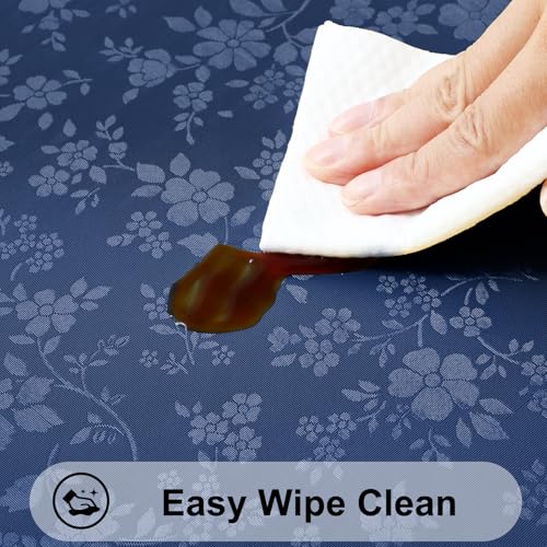 Image of Smiry Waterproof Heavy Duty Vinyl Fitted Tablecloth for 36 inch-44 inch Round Table | Elastic Plastic Table Cloth, Wipeable Washable Floral Patio Table Cover for Picnic, Kitchen and Dining, Navy
