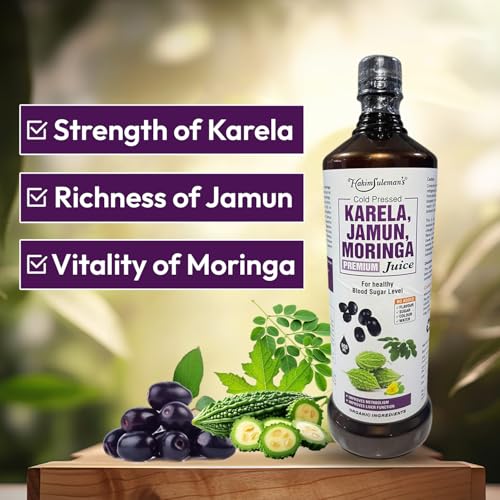 Image of Hakim Suleman's Cold Pressed Karela Jamun Moringa Juice - Natural Herbal Drink, Supports Blood Sugar & Immunity, No Added Sugar, Preservatives or Artificial Flavours - 900 ml (Pack of 2)