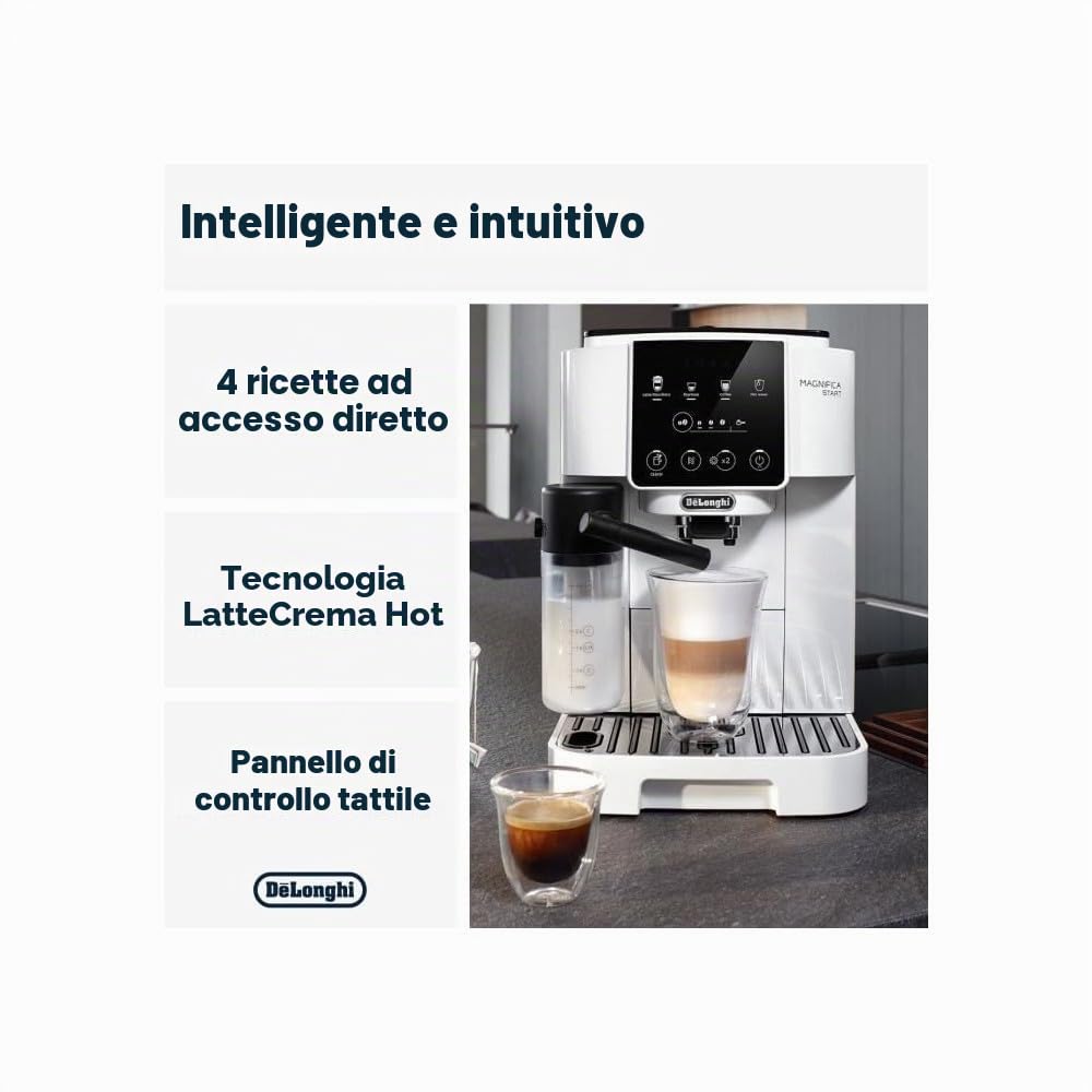 De'Longhi Magnifica Start ECAM220.61.W, Macchina Caffè Automatica dal Chicco alla Tazza, 4 Ricette One-Touch, Sistema Latte Crema Hot, Montatore Automatico Latte, Pannello Controllo Soft-Touch, Bianco