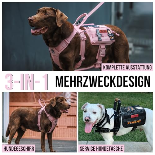 OneTigris Service Hundegeschirr, Guardian Geschirr mit 3 Edelstahl D-Ringen und Großer Kapazität Tasche, Sicherheitsgeschirr für Mittelgroße Große Hunde Rosa,M