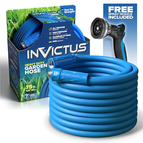 INVICTUS 75 Ft Garden Hose with Sprayer Nozzle 2-Layer Heavy Duty Drinking RV Water Hose 75Ft x 5/8 in. Flexible Lightweight NON Expandable Kink Resistant Easy Connect Fittings 400 PSI