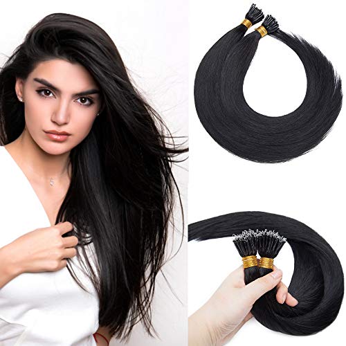 S-noilite 20inch Nano Ring Hair Extensions Human Hair 100% Real Remy Hair Full Head Nano Bead in Hair Extensions 50g Nano Tip Hair Piece #1 Jet Black