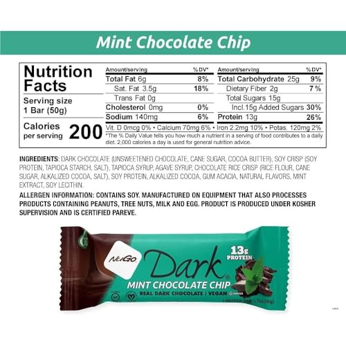 Image of NuGo Dark Chocolate Mint Chocolate Chip, 13g Protein Bar, Vegan, Gluten Free, Non-GMO, Kosher Pareve, 12 Count