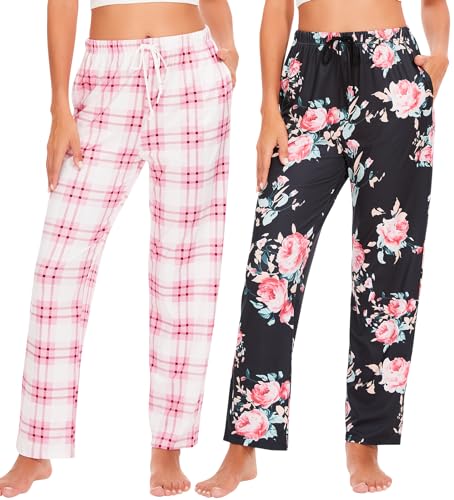 Ymmchy Damen Pyjamahose Lang Schlafanzughose Kariert Freizeithose Frauen Schlafhose Weiche Nachtwäsche Hose 2-Pack Rosa Kariert/Schwarze Blume S