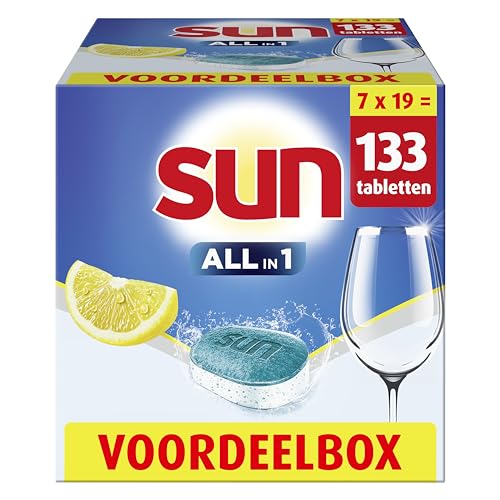Sun All-in 1 Citroen Vaatwastabletten, schoonmaakmiddel met verbeterde formule 100% effectief op meer dan 99 hardnekkige vlekken, 7 x 19 tabletten, Voordeelverpakking, Huidige Versie
