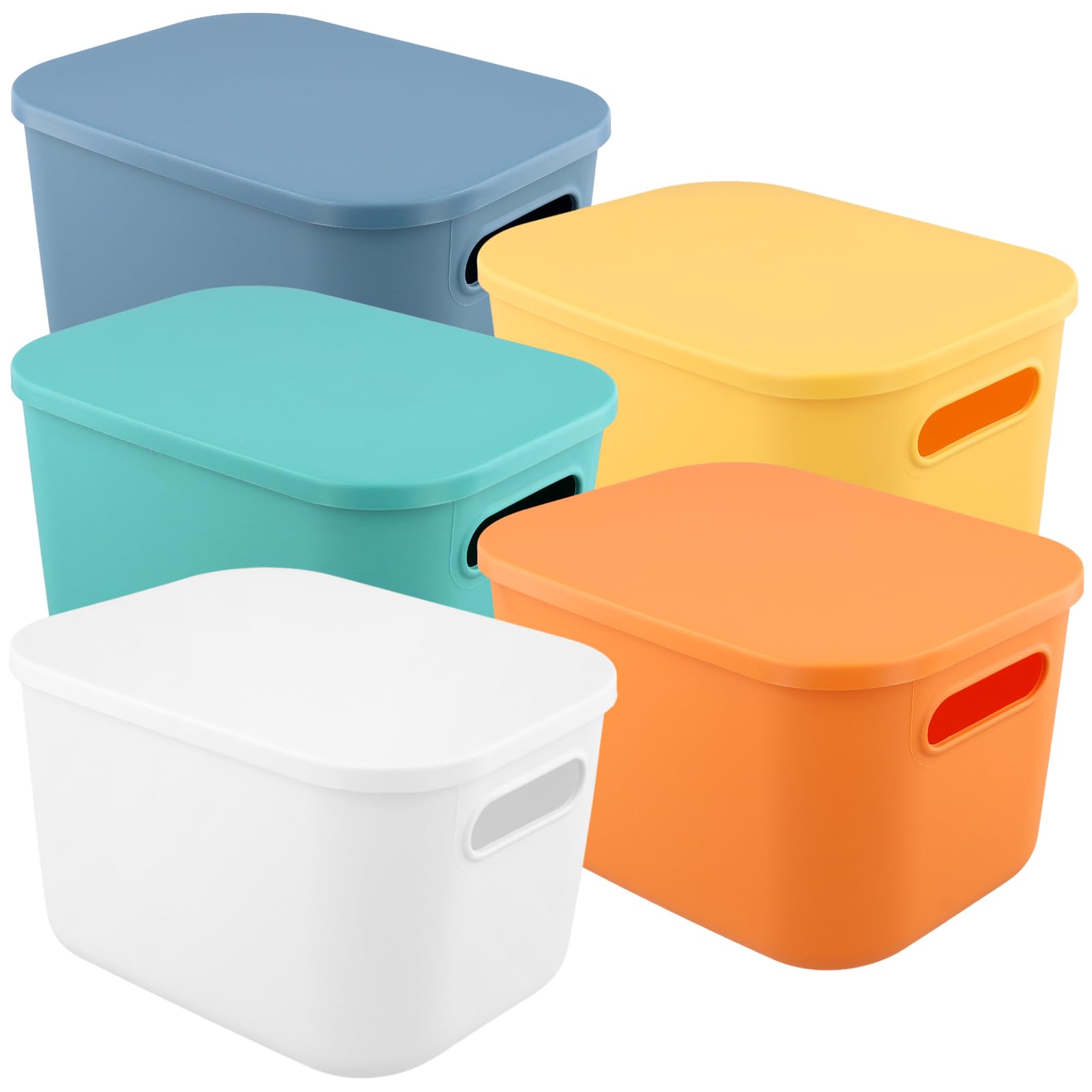 KEILEOHO Set of 5 Multi-Coloured Storage Boxes with Lids, 25 x 18 x 16 cm, with Lid and Handle, Plastic, Stackable, 5 Colours, White, Yellow, Blue, Green, Orange