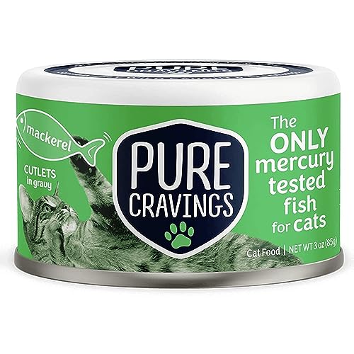 Image of Pure Cravings Wet Cat Food Canned Mackerel Cutlets in Gravy, Every Catch is Mercury Tested, Moist Can Fish for Cats, Grain-Free, Protein, Non-GMO, Pack of 12