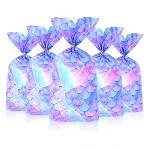 Mikzhskr Mermaid Party Favors - 30 Pcs Decorations Cookie Goodie Candy Gift Bags Little Mermaid Cellophane Treat Bags With 30 Pcs Gold Twist Ties for Birthday Party Supplies