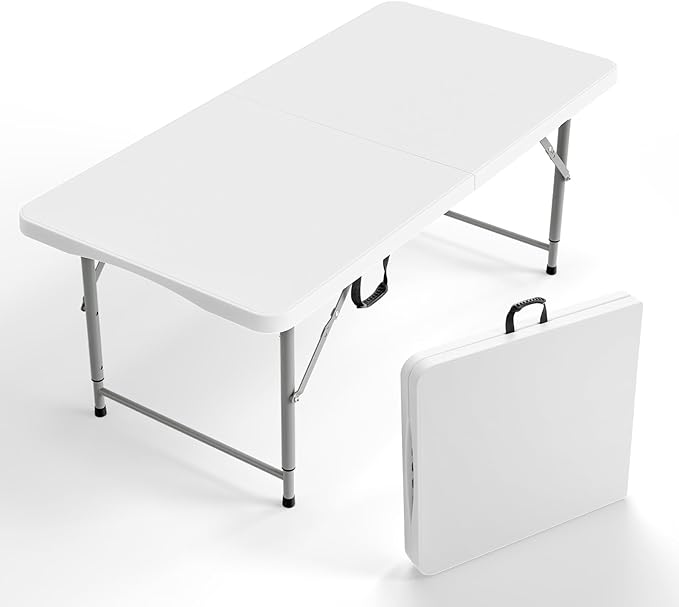 VINGLI 4 FT Plastic Folding Camping Table,3-Level Adjustable Height, Portable in/Outdoor Party Picnic Dining Desk, Garden Soccer Multipurpose Entertaining Activities,White