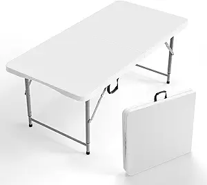 VINGLI 4 FT Plastic Folding Camping Table,3-Level Adjustable Height, Portable in/Outdoor Party Picnic Dining Desk, Garden Soccer Multipurpose Entertaining Activities,White