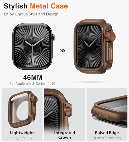 Image of ULTIMAL Metal Case Compatible with Apple Watch Series 11 /10 46mm with Back Cover, Military Grade Shockproof Protective Case, Rugged Cover for iWatch 46mm (Brown)