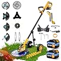 20000 RPM Battery Weed Wacker Cordless, 6000mAh Electric Weed Eater Battery Powered, Heavy Duty Brush Cutter Edger Lawn Tool/Weed Trimmer/Grass Trimmer W/Wheel Metal Blade, 2 Battery Yard Tool