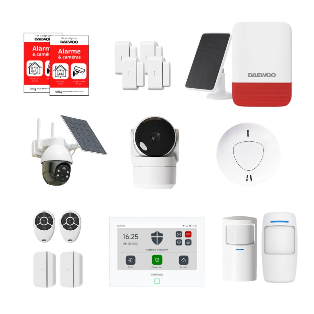 Daewoo Security - Alarme Maison Connectée sans Abonnement – Smart Protect Advanced Plus avec Caméras HD, Sirène Solaire et Détecteur de Fumée – Alexa & Google Home
