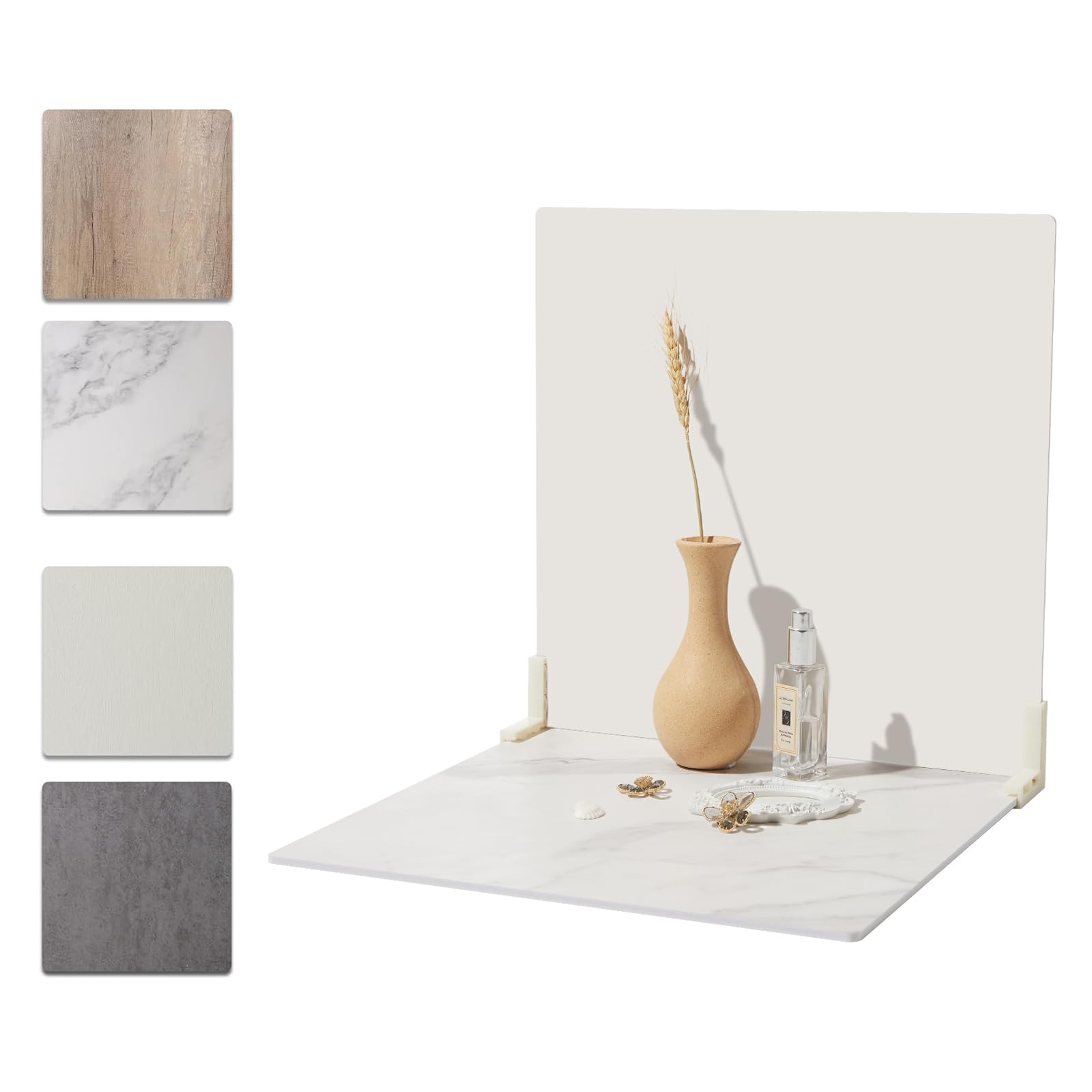 EOAJAFOU 2PCS Double Sided Photography Backdrop Boards with 2 Brackets, 16x16 Inch for Food Jewelry Shooting, Marble Wooden Gray White Texture Photo