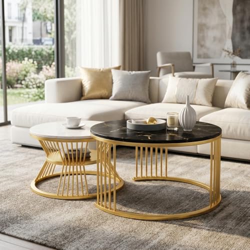 Image of Coffee Table, 20 inch Round Coffee Table Set of 2, Wooden Nesting Table with Metal Frame, Center Tables for Living Room Bedroom Balcony Bedside Table Black