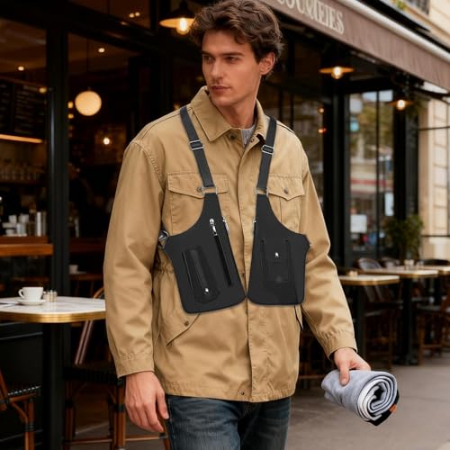 Mochila chaleco antirrobo doble para hombre con compartimentos múltiples e impermeable en color negro 2