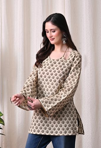 Image of MEERA FAB Women Cotton Printed A-Line Tunic Top with Square Neck | Floral Printed Halter Strap Detail & Bell Sleeves | Short Kurti for Women
