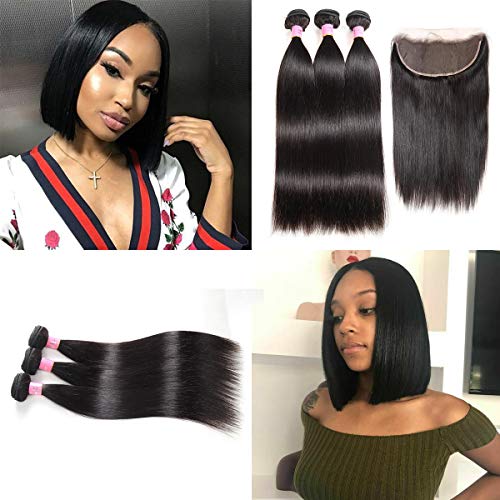 ZILING Brazilian Straight Virgin Hair Extension 3 Bundles with Frontal 100% Unprocessed Human Hair Weave Bundles with Lace Closure Free Part 4 PC/Lot (10 12 12 + 10 Frontal)