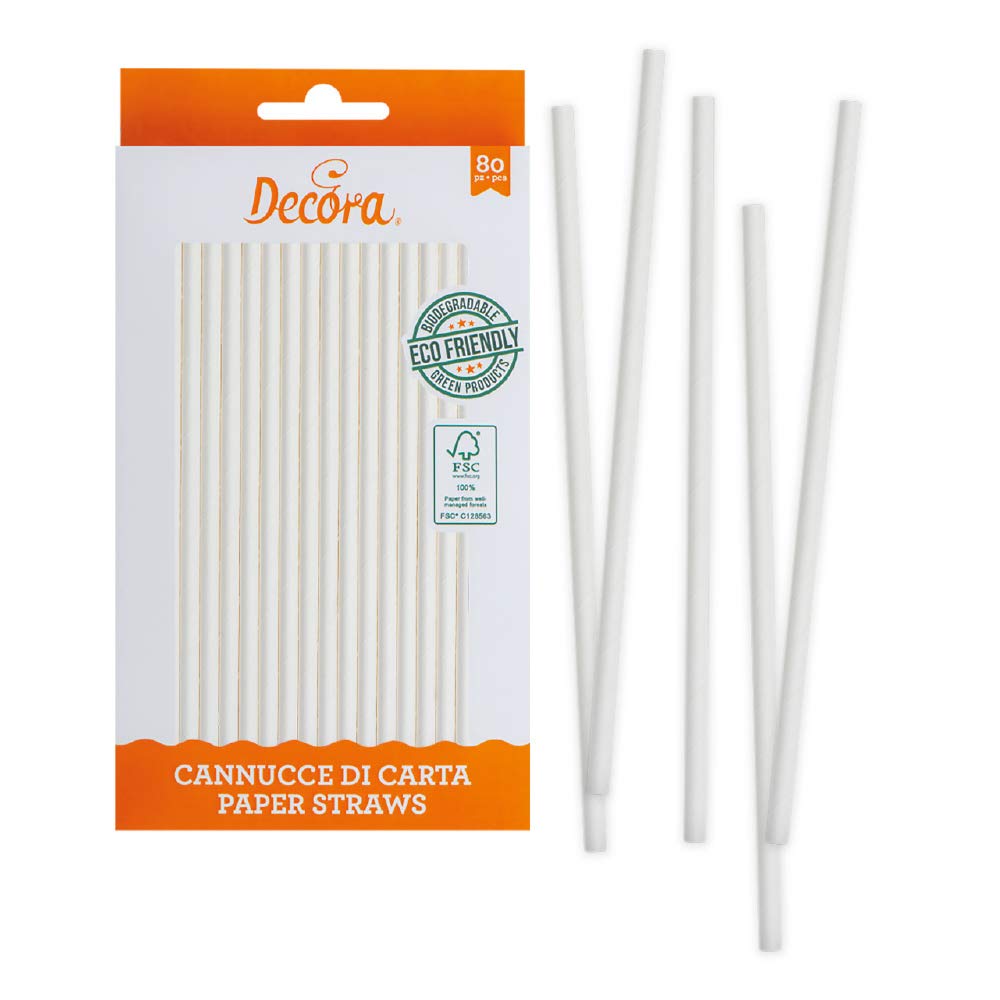 Decora Confezione da 80 Cannucce Bianche Ø 6 X 210 mm, in carta biodegradabile, con inchiostro ad acqua, per dare colore ai tuoi party