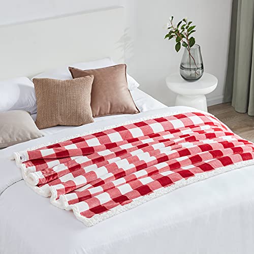 Touchat Sherpa Red and White Buffalo Plaid Christmas Twin Blanket 60" X 70", Fuzzy Fluffy Soft Cozy Blankets, Fleece Flannel Plush Microfiber Throw for Couch Bed Sofa (Red and White)
