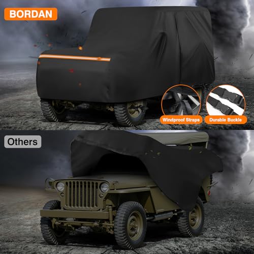 Image of Custom Fit Waterproof Car Cover for Jeep Willys MB & Ford GPW 1941-1945, 420D Oxford All Weather Protection Classic Car Covers with Reflective Strips, Zipper Door, Windproof Straps & Storage Bag