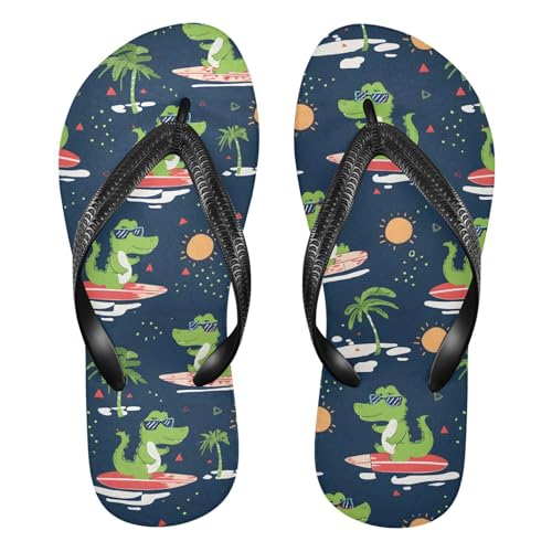 ALAZA Cute Green Crocodile Surfing Flip Flops for Women Fashion Beach Slippers Comfort Mens Flip Flops Non-Slip Rubber Shower Slippers Sandal for Hotel Travel Sport,XS