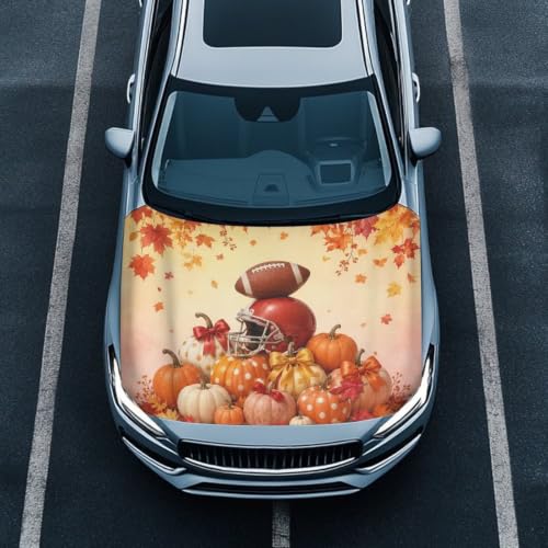 Image of Renewold Football Fall Hood Covers for Cars Easy Install Holiday Hood Cover | Outdoor Fall Football Season Decor Protector Wrap Blanket Women Men Automotive Exterior Accessories Washable Fit Most Sedan