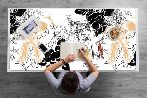 Sous-main de bureau bords arrondis et texture antidérapante au motif oiseaux dorés