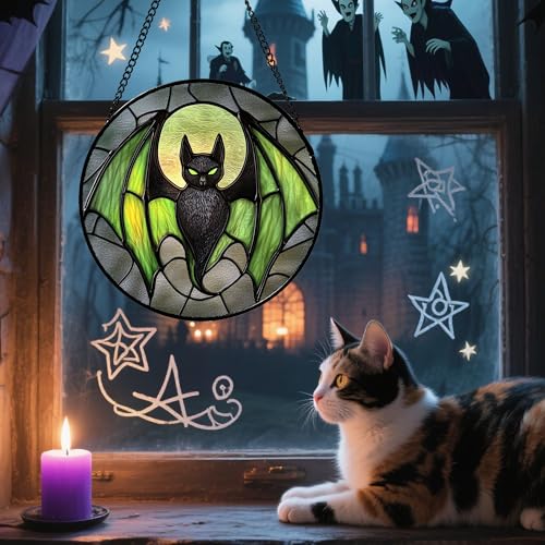 Image of Stained Glass Window Hanging - Halloween Black Bat Green Wings Monster Suncatcher for Doors Garden Home Spooky Sun Catchers Gothic Decor Horror Gift for Women Men Friend Boy Girl 6.3 in