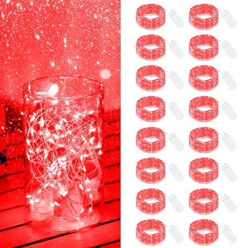 btfarm - Lote de 16 guirnaldas luminosas a pilas, 2 m 20 LED, guirnalda luminosa impermeable, hilo plateado, guirnalda luminosa interior para San Valentín, rojo