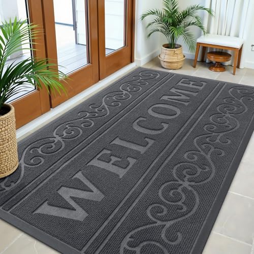 Image of OLANLY Welcome Door Mat Indoor Outdoor Entrance, Heavy Duty Sturdy Front Door Mat, Waterproof All-Weather Doormat, Stain Resistant, Low Profile, Easy Clean Patio Entryway Mat, 59 x 35, Medium Grey