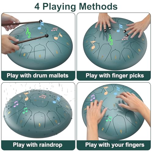 Image of D Major Steel Tongue Drum Handpan, 12 Inch 13 Note Rain Drum for Garden Outside, Meditation Rain Chime, Musical Percussion Instrument for Adult Gift with Bag, Music Book, Drum Mallets (Moss Blue)