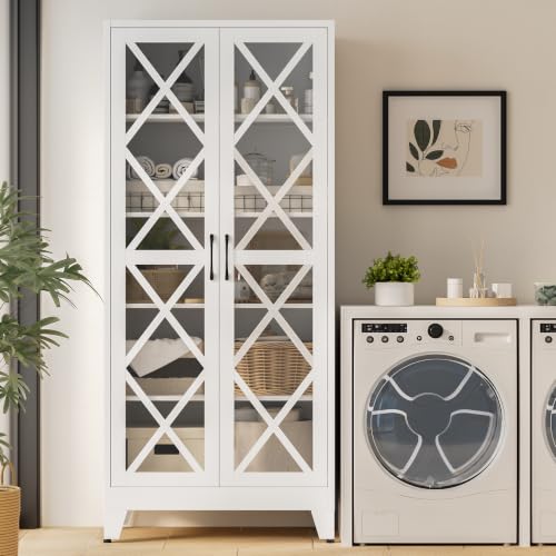 Image of Bevivog 71 inch Tall Display Cabinet with Glass Doors, Farmhouse Metal Storage Glass Cabinet with 4 Adjustable Shelves, White Vintage Storage Cabinet for Collectibles,Curio, Books, Chinaware, Figures