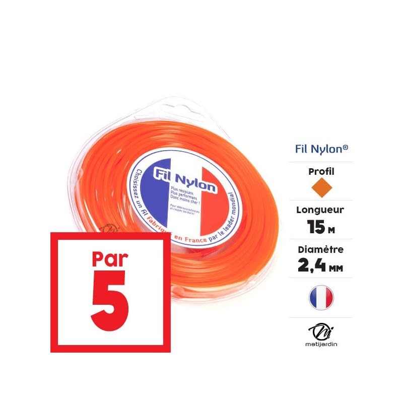 Matijardin - 5 blisters fil débroussailleuse Carré 2,4 mm x 15 m Fil Nylon