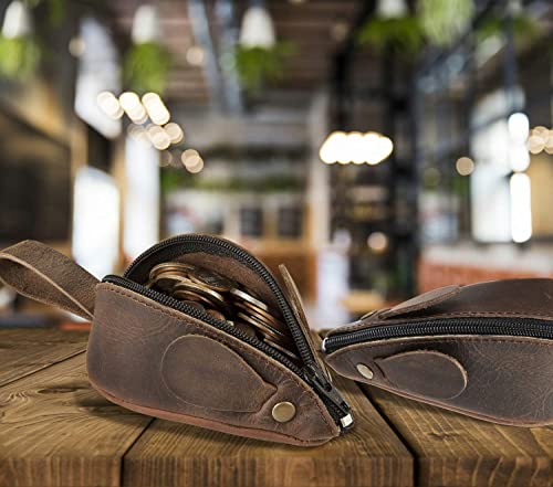 Image of Rustic Leather Mouse Coin Purse Change Pouch Holder Cute Design YKK Zipper Handmade By Nabob Leather (Rustic Brown)