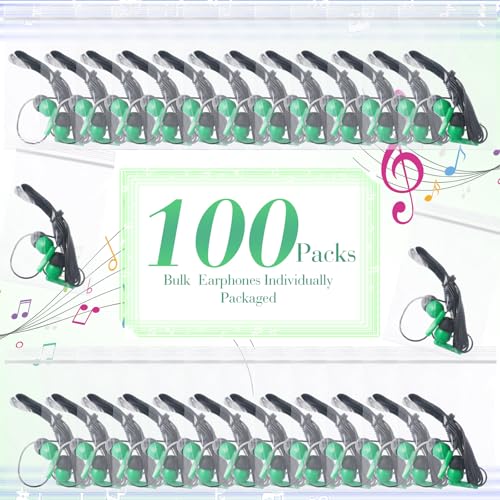 Image of Kanayu 100 Pack Wired Earbuds Bulk for Classroom, 3.5MM No Mic,Green