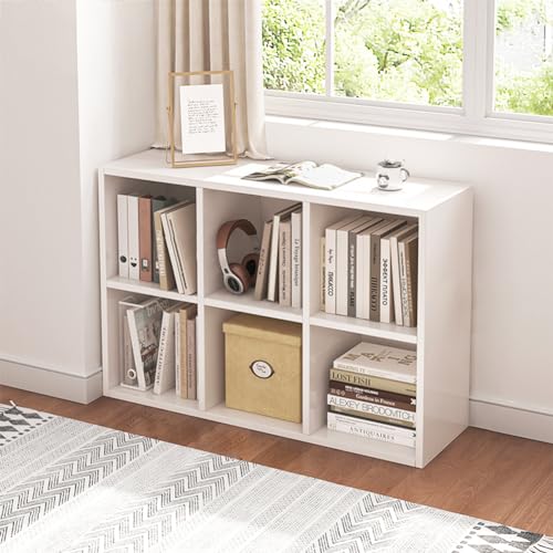 Image of NELYE 6 Cube Organizer Bookcase - Fabric Storage Bins Container, Open Shelf Simple Compartments Bookshelf, White