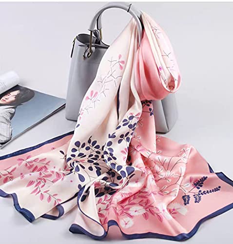 ANDANTINO 100% Mulberry Silk Long Scarf for Women Large Shawls for Headscarf and Neck- Oblong Hair Wraps with Gift Packed(Pink Blue-Leaves)2
