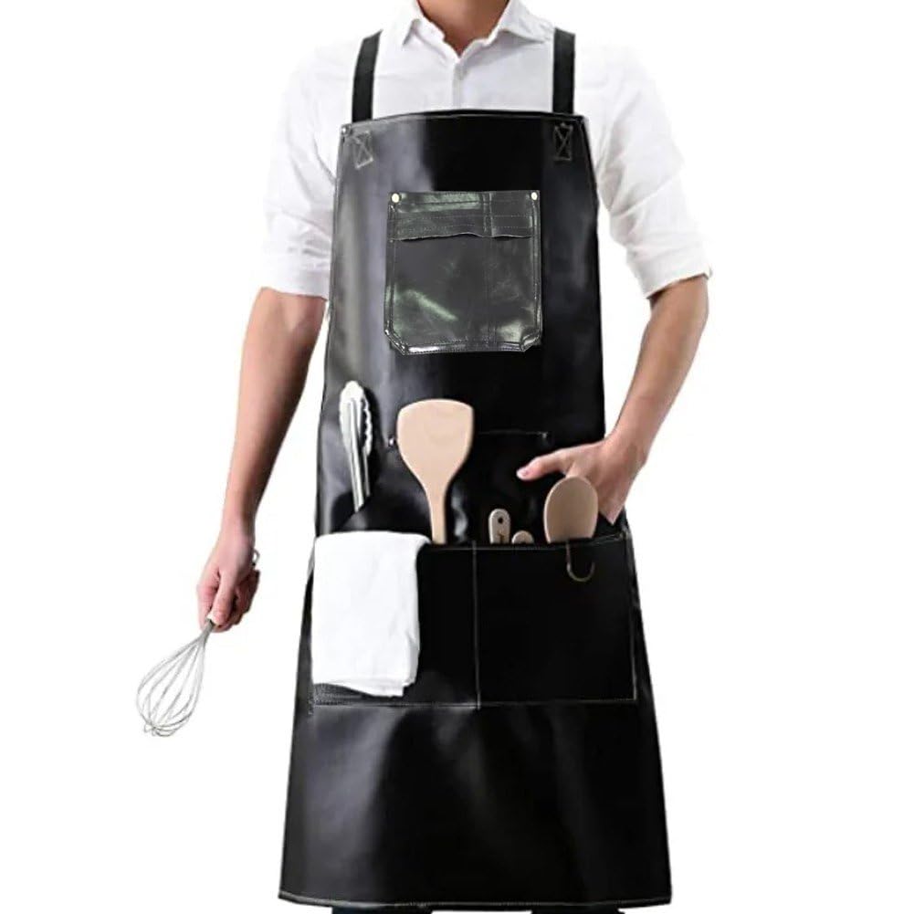 Delantal De Cuero PU, Delantal De Cocina Ligero, Delantal con Pechera Larga, Ropa De Trabajo Impermeable para Cocina Casera Y Limpieza De Cocina