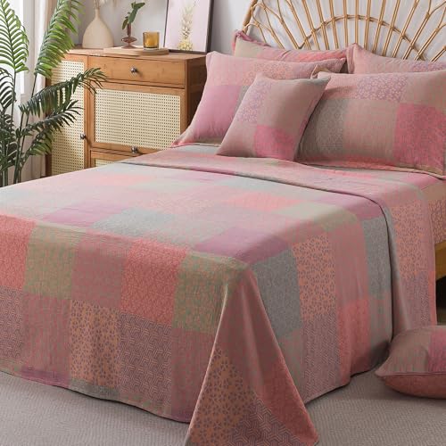 Image of FADFAY Queen Sheets Set 100% Cotton Washed Double Gauze Muslin Bedding 4Pcs Boho Patchwork Checkered Floral Sheets Shabby Geometry Farmhouse Bedding Super Soft Deep Pocket Fitted Sheet, Queen Size