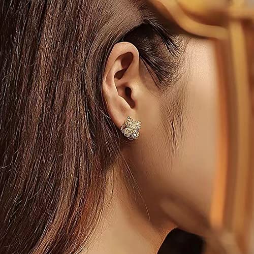 YOQUCOL Cubic Zirconia Crystal Rotatable Flower Shaped Golden Clip On Earrings Non Pierced Golden Stud for Women3