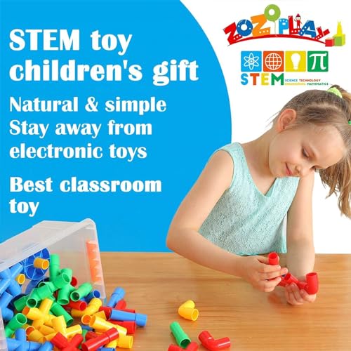 ZOZOPLAY STEM Learning Toy Tubular Pipes & Spouts & Joints 96 Piece Build Bicycle, Tank, Scootie, Moter Skills Endless Designs Educational Building Blocks Set for Kid Ages 3+ Multicolor