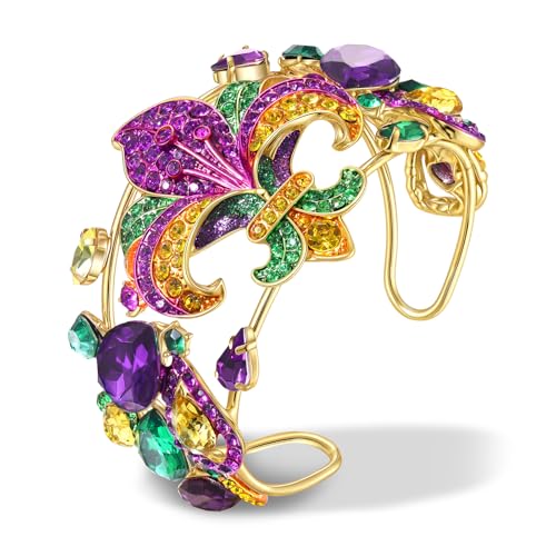 ARATLENCH Mardi Gras Bracelet for Women Purple Green Gold Crystal Fleur De Lis Cuff Bangle Bracelet Carnival Holiday Celebrations Party Jewelry Accessories Gift (mardi gras bangle bracelet A 1)