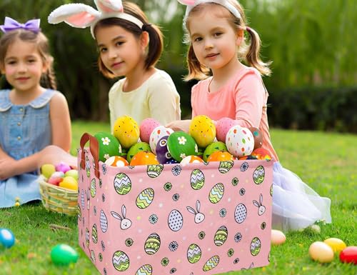 Image of Large Rectangular Easter Baskets Empty Waterproof Boy Toy Box Foldable Kid's Gifts Storage Bin Spring Room Decor(Pink Black Line Egg)