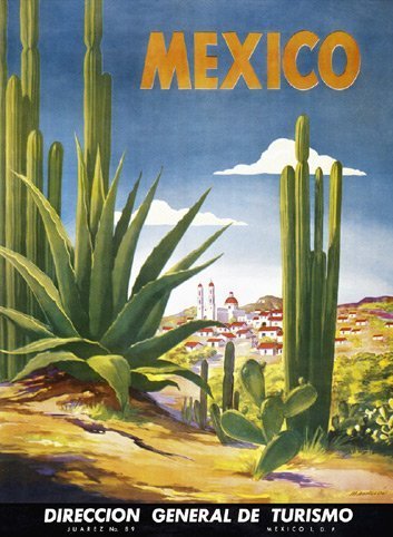 Poster Mexico Cactus Desert White City. Vintage Travel Reproduction(16.75