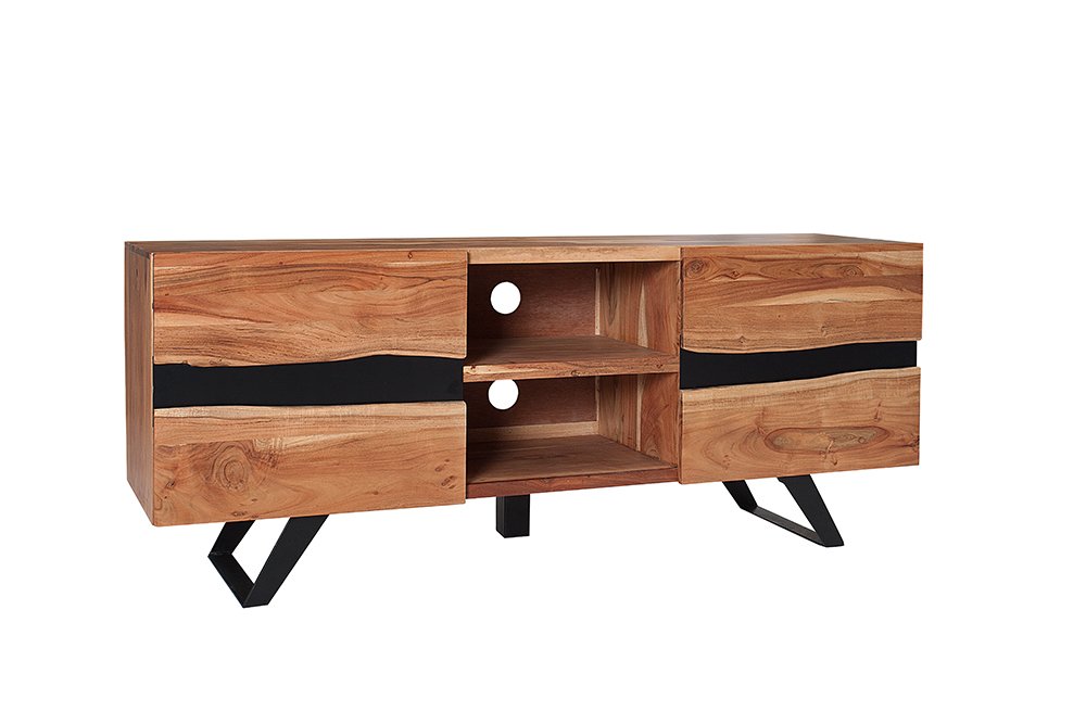 invicta INTERIOR Massives TV Board Amazonas 160cm Akazie Baumkante Metall schwarz Massivholz Fernsehschrank Wohnzimmerschrank TV-Schrank