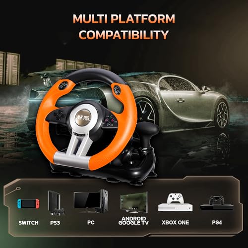 Image of Ant Plus Fire Pro V3 Racing Wheel 270 Degree Universal USB Powered Car Sim Game Steering Wheel with Gear Shifter and Pedals for Xbox One, PS3, PS4, Switch, Android TV Black Orange