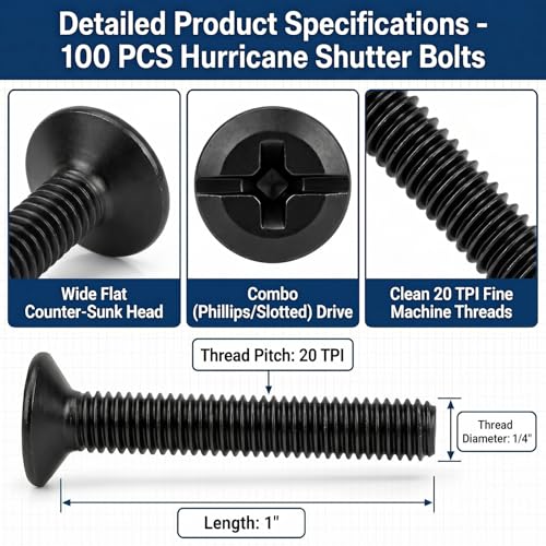 Image of Blulu 100 Pcs 1 /4 inch-20 x 1 Hurricane Shutter Fasteners, 304 Stainless Steel Sidewalk Bolts, Truss Head Machine Screws for Exterior Window Panels and Doors Hardware Black